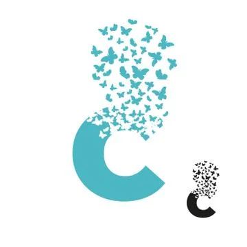 Letter C with effect of destruction. Dispersion. Butterfly, moth Stock Illustration