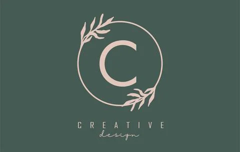 Letter C Logo with circle frame and pastel leaves design. Rounded vector illu Stock Illustration