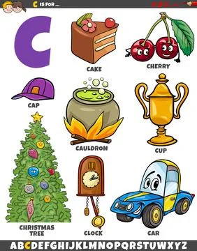 Letter C set with cartoon objects and characters Stock Illustration