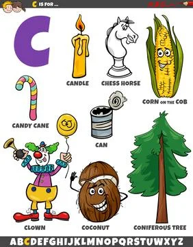 Letter C set with cartoon objects and characters Ilustración de archivo