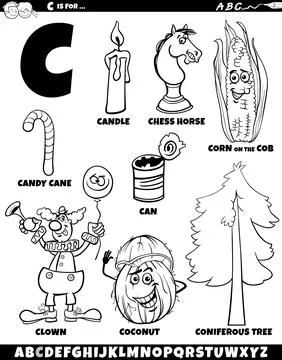 Letter C set with cartoon objects and characters coloring page Ilustración de archivo