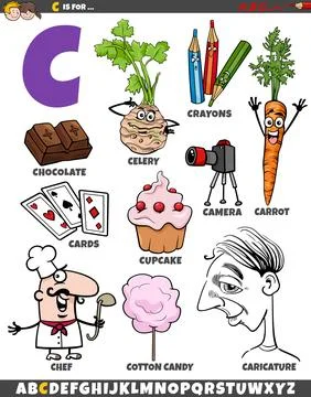 Letter C set with cartoon objects and characters Stock Illustration
