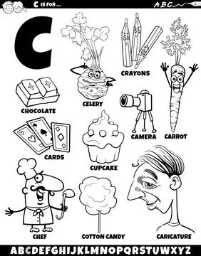 Letter C set with cartoon objects and characters coloring page Stock Illustration