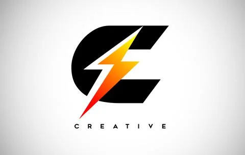 Letter C Thunderbolt Logo Concept with Black Letter and Orange Yellow Thunder Stock-Illustration