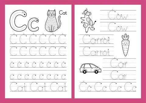 Letter C. Tracing practice worksheet set. Learning alphabet activity page Stock Illustration