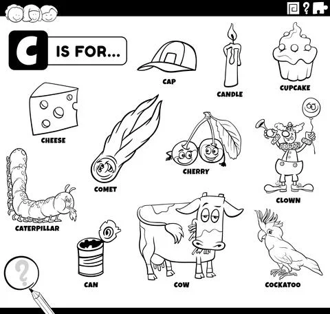 Letter c words educational set coloring book page Illustrazione stock