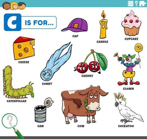 Letter c words educational set with cartoon characters 스톡 일러스트