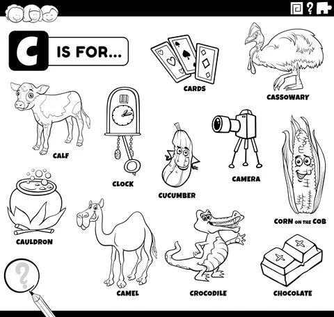 Letter c words educational set coloring book page 스톡 일러스트