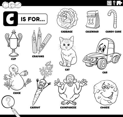 Letter c words educational set coloring book page 스톡 일러스트