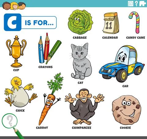 Letter c words educational set with cartoon characters 스톡 일러스트