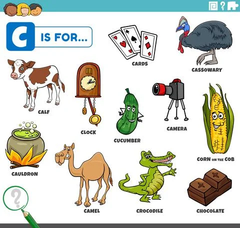 Letter c words educational set with cartoon characters 스톡 일러스트