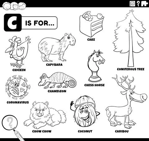 Letter c words educational set coloring book page Illustrazione stock