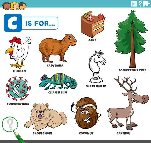 Letter c words educational set with cartoon characters Illustrazione stock