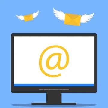 The letter came by e-mail. A letter with wings flies to the computer monitor. 스톡 일러스트