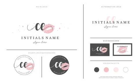 Letter CE C E Initial handwriting logo template with lipstick kiss or makeup Stock Illustration