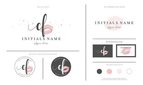 Letter CF C F Initial handwriting logo template with lipstick kiss or makeup Stock Illustration