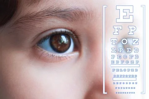 Letter chart for performing check visual acuity on child girl background. 写真素材