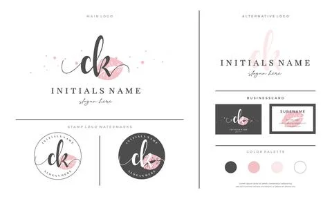 Letter CK C K Initial handwriting logo template with lipstick kiss or makeup Stock Illustration