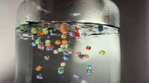The letter cubes fall into the water Stock Footage 257481536