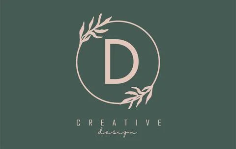 Letter D Logo with circle frame and pastel leaves design. Rounded vector illu Stock Illustration
