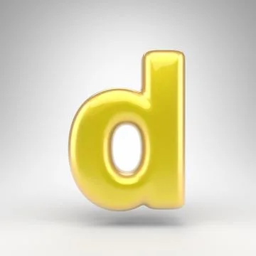 Letter D lowercase on white background. Yellow car paint 3D letter with gloss Ilustração Stock