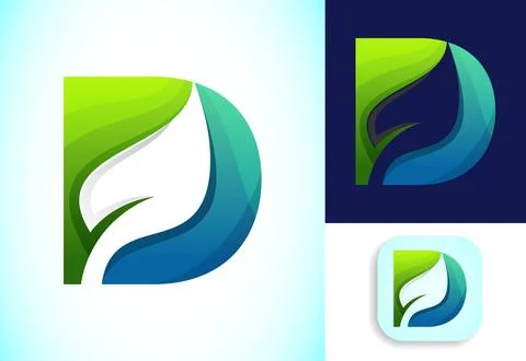 Letter D with negative space leaf logo vector template. Gradient logo design 스톡 일러스트