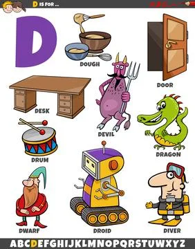 Letter D set with cartoon objects and characters Stock Illustration