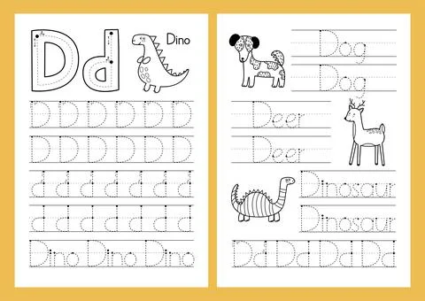 Letter D. Tracing practice worksheet set. Learning alphabet activity page Stock Illustration