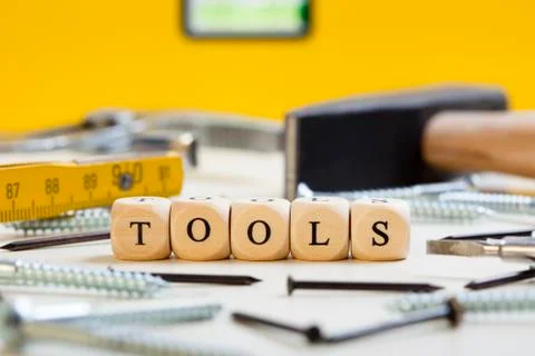 Letter dices concept: tools Stock Photos