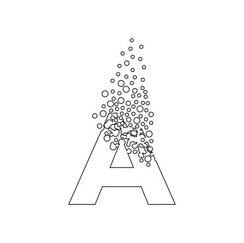 Letter A dispersing into a cloud of bubbles. Thin line icon Stock Illustration