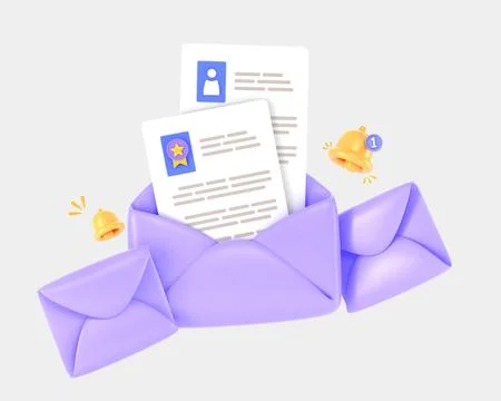 Letter with documents in envelope and bells 3d render. Email message, newsletter Illustrazione stock
