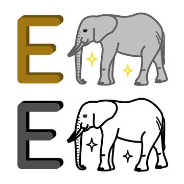 Letter E and Elephant. Color and Line Vector Illustrations. English Alphabe.. Stock Illustration