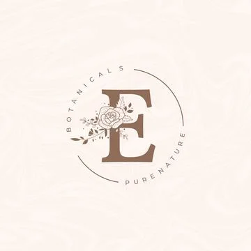 Letter E Botanical Flowers . Initial Wedding Monogram Font Logo. Circle Flora Stock Illustration
