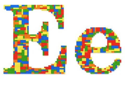 Letter e built from toy bricks in random colors 스톡 사진