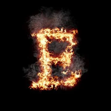 Letter E burning in fire with smoke, digital art isolated on black background, a Stock Illustration