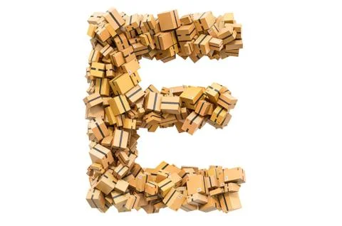 Letter E from cardboard boxes. 3D rendering 스톡 일러스트
