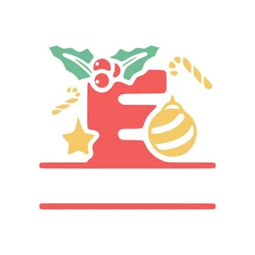 The letter E is decorated with mistletoe and Christmas elements, personalized Stock Illustration