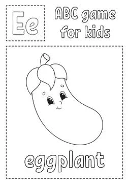Letter E is for eggplant. ABC game for kids. Alphabet coloring page. Cartoon  Stock Illustration
