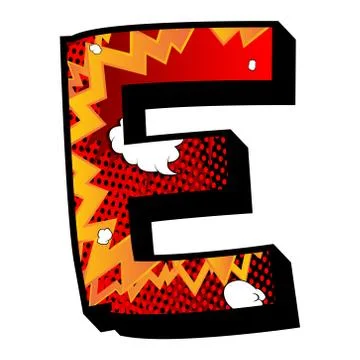 Letter E filled with comic book explosion, background. Illustrazione stock