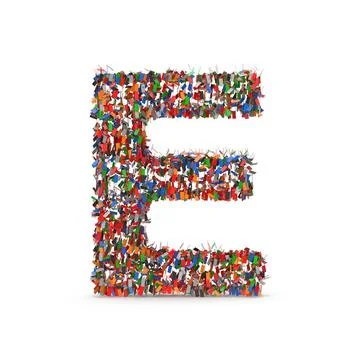 The letter E formed by a diverse crowd of colorful people Stock Illustration