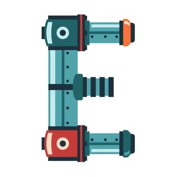 Letter E is formed using robotic elements, industrial pipes Stock Illustration