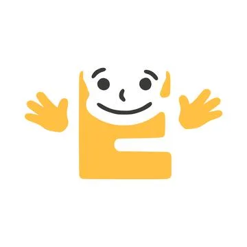 Letter e funny character with hands isolated on white background Stock Illustration