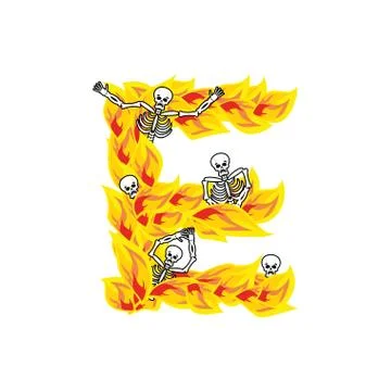 Letter E hellish flames and sinners font. Fiery lettering. Infernal fire al.. Illustrazione stock
