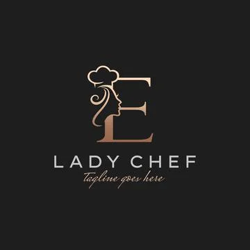 Letter E Lady Chef, Initial Beauty Cook Logo Design Vector Stock Illustration