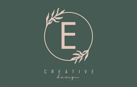 Letter E Logo with circle frame and pastel leaves design. Rounded vector illu Stock Illustration