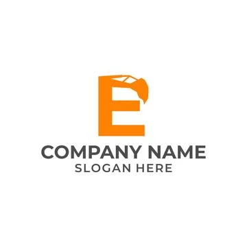 Letter E logo with excavator arm. E excavator logo template, hydraulic logo.. Stock Illustration