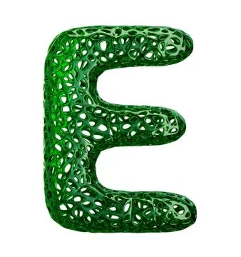 Letter E made of green plastic with abstract holes isolated on white background Illustrazione stock