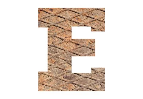 Letter E  with rusty metal texture on white background Stock Photos