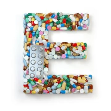 Letter E. Set of alphabet of medicine pills, capsules, tablets and blisters.. 库存插图