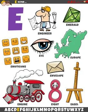Letter E set with cartoon objects and characters Stock Illustration